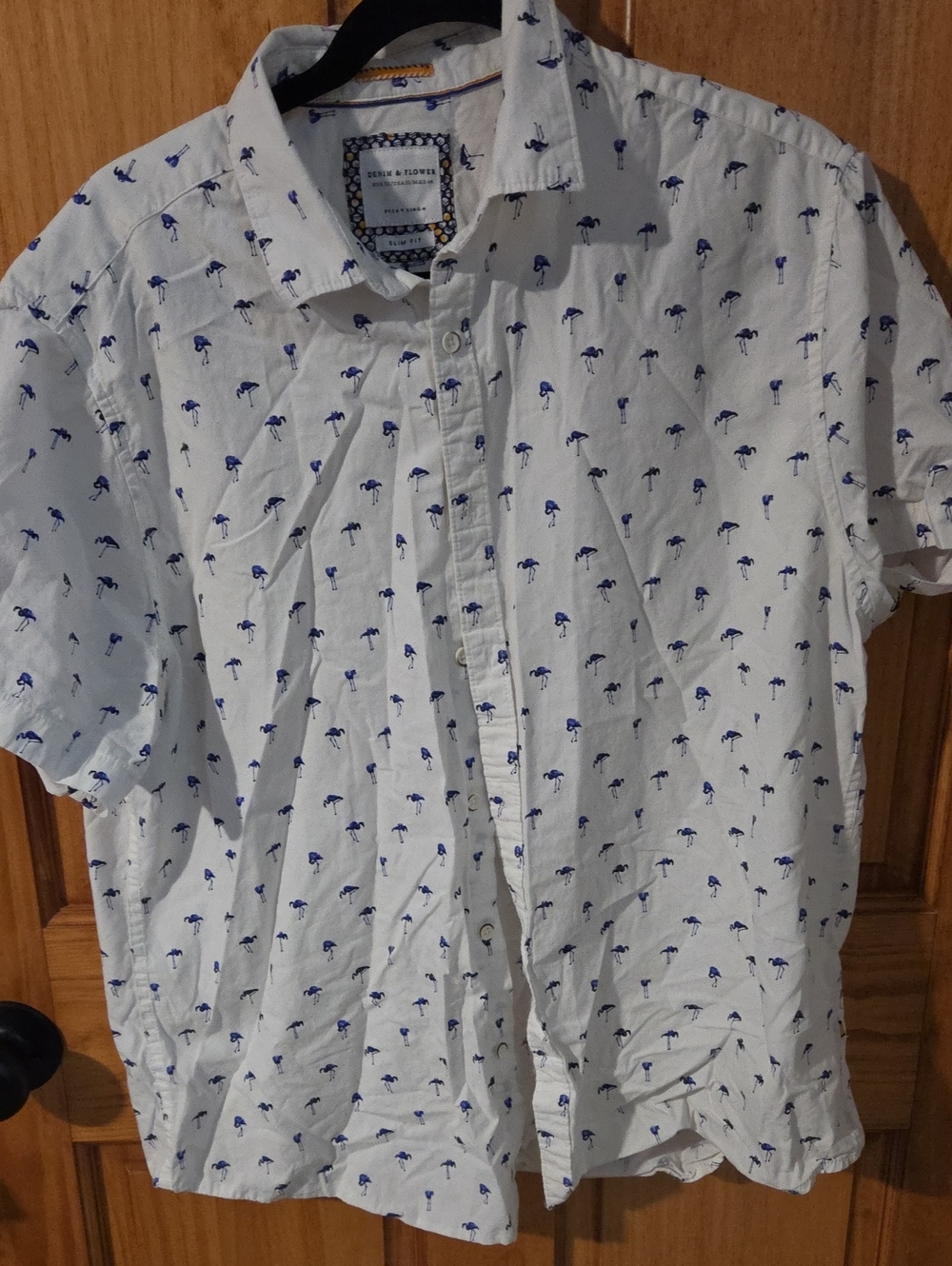 Denim & Flower White Short-Sleeve Shirt with Blue Palm Print